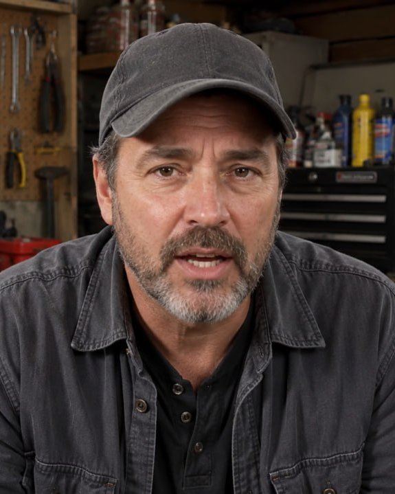 Walt in his garage, pegboard of hand tools behind him